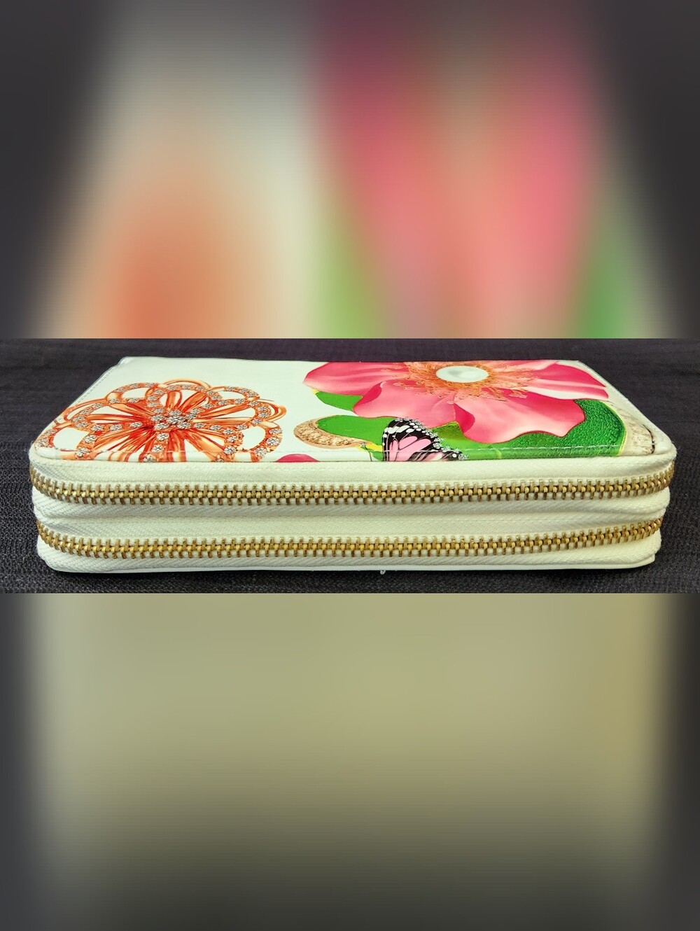 Floral Butterfly Print Double Zip Around Wallet White Patent Faux Leather Clutch - Picture 11 of 16